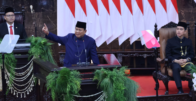 Pidato Presiden Prabowo Subianto di Gedung MPR/DPR, Jakarta, Minggu (20/10).